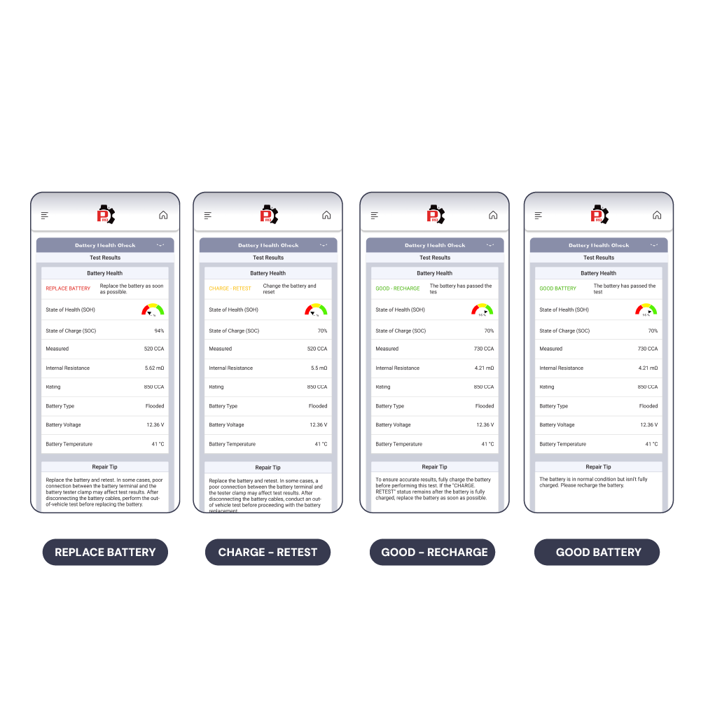 RepairSolutionsPRO app battery test report screen showing state of health and cranking results for the INNOVAPRO BA200