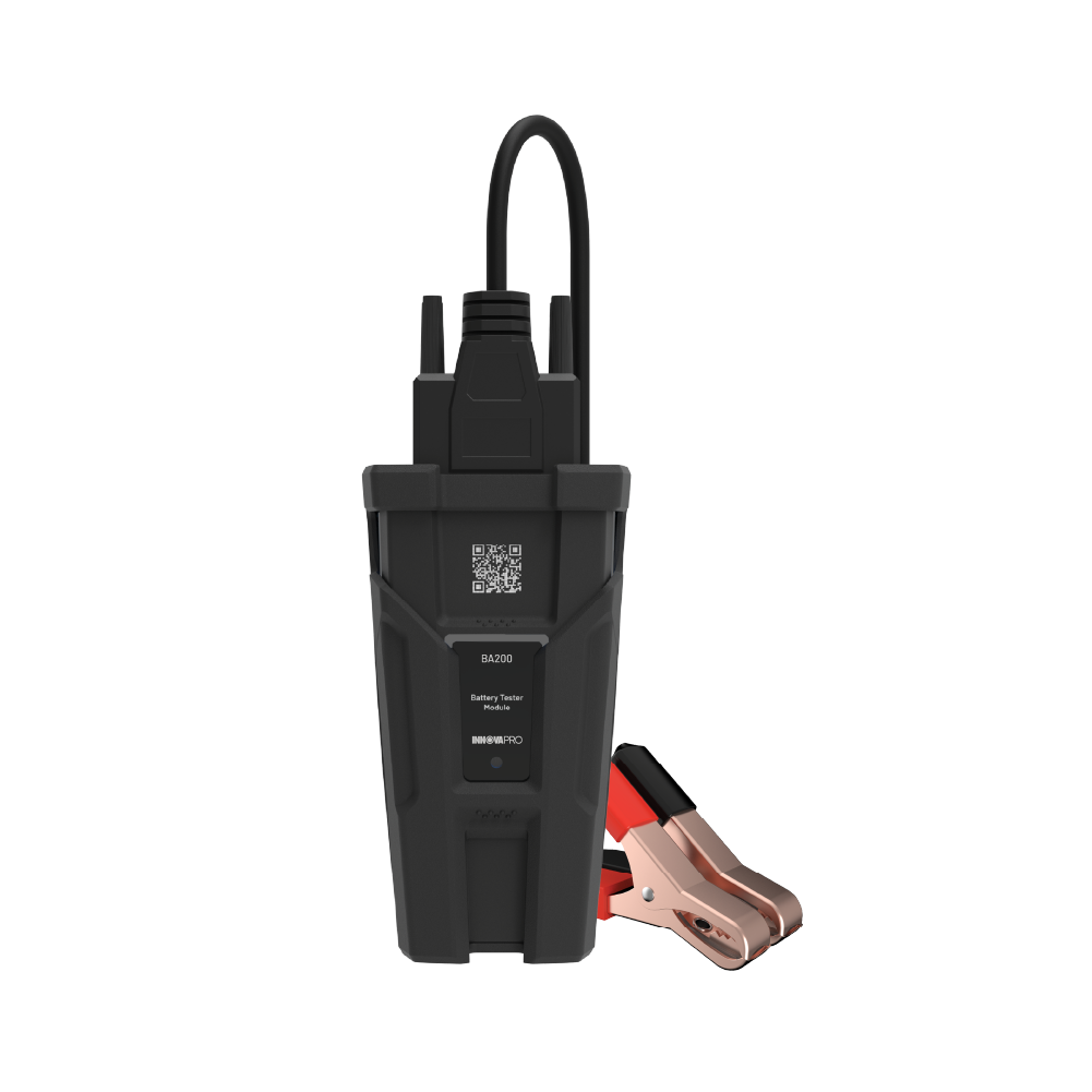 Front view of INNOVAPRO BA200 compact wireless battery diagnostic tester with connected copper-plated alligator clamps
