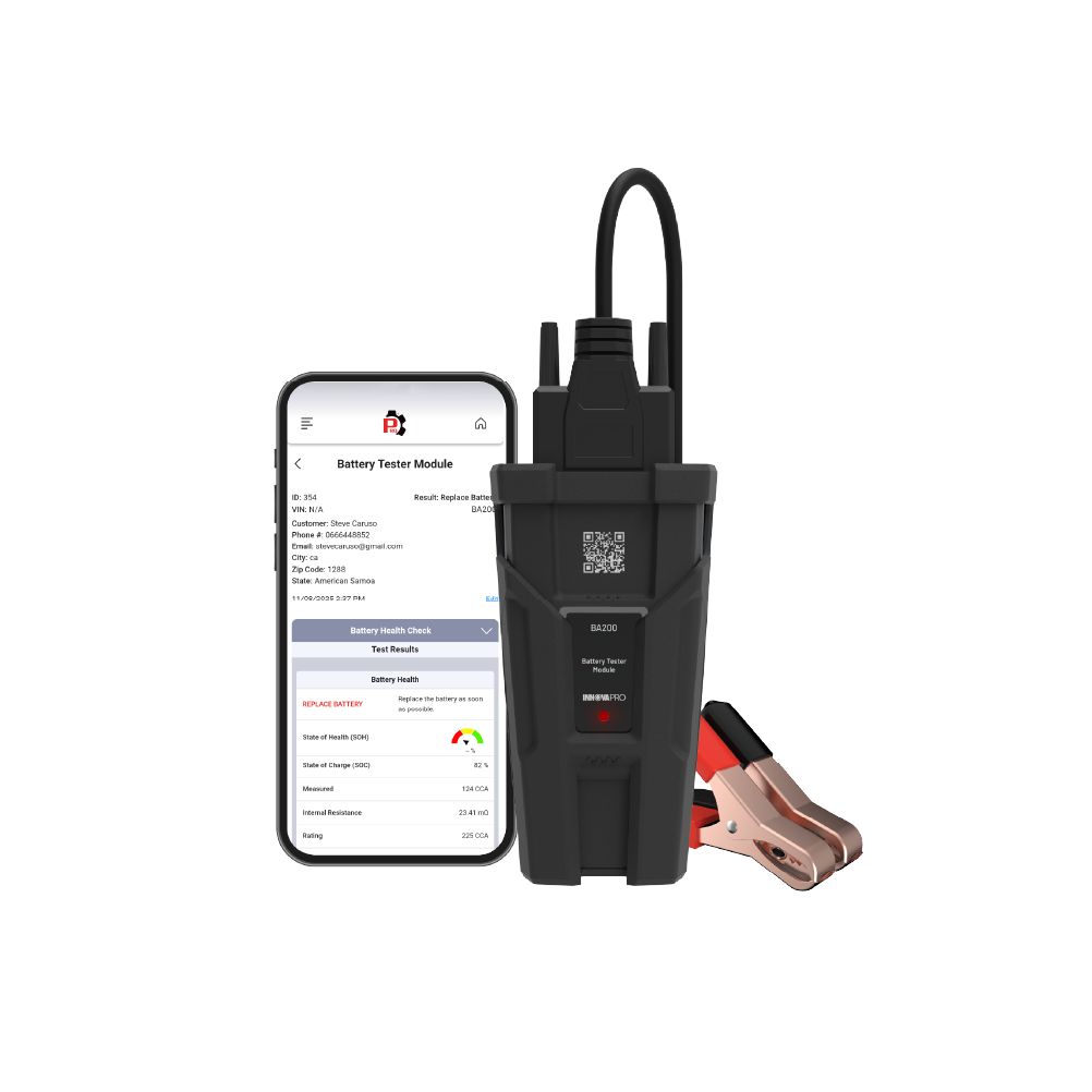 INNOVAPRO BA200 Bluetooth battery tester module next to smartphone displaying battery health check results on RepairSolutionsPRO app