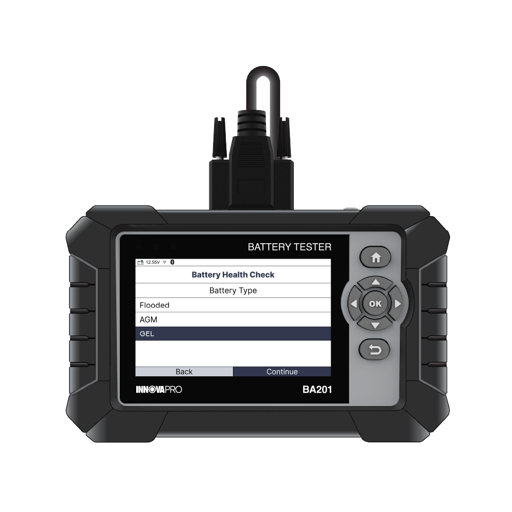 BA201 battery tester tablet screen displaying battery standard selection list including CCA, CA, MCA, and EN standards