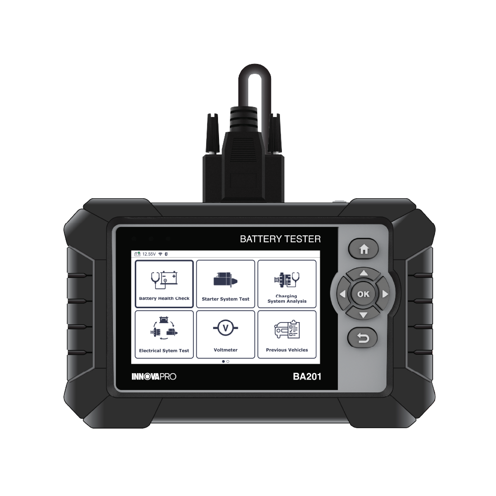 INNOVAPRO BA201 professional battery tester tablet front view showing the main menu screen