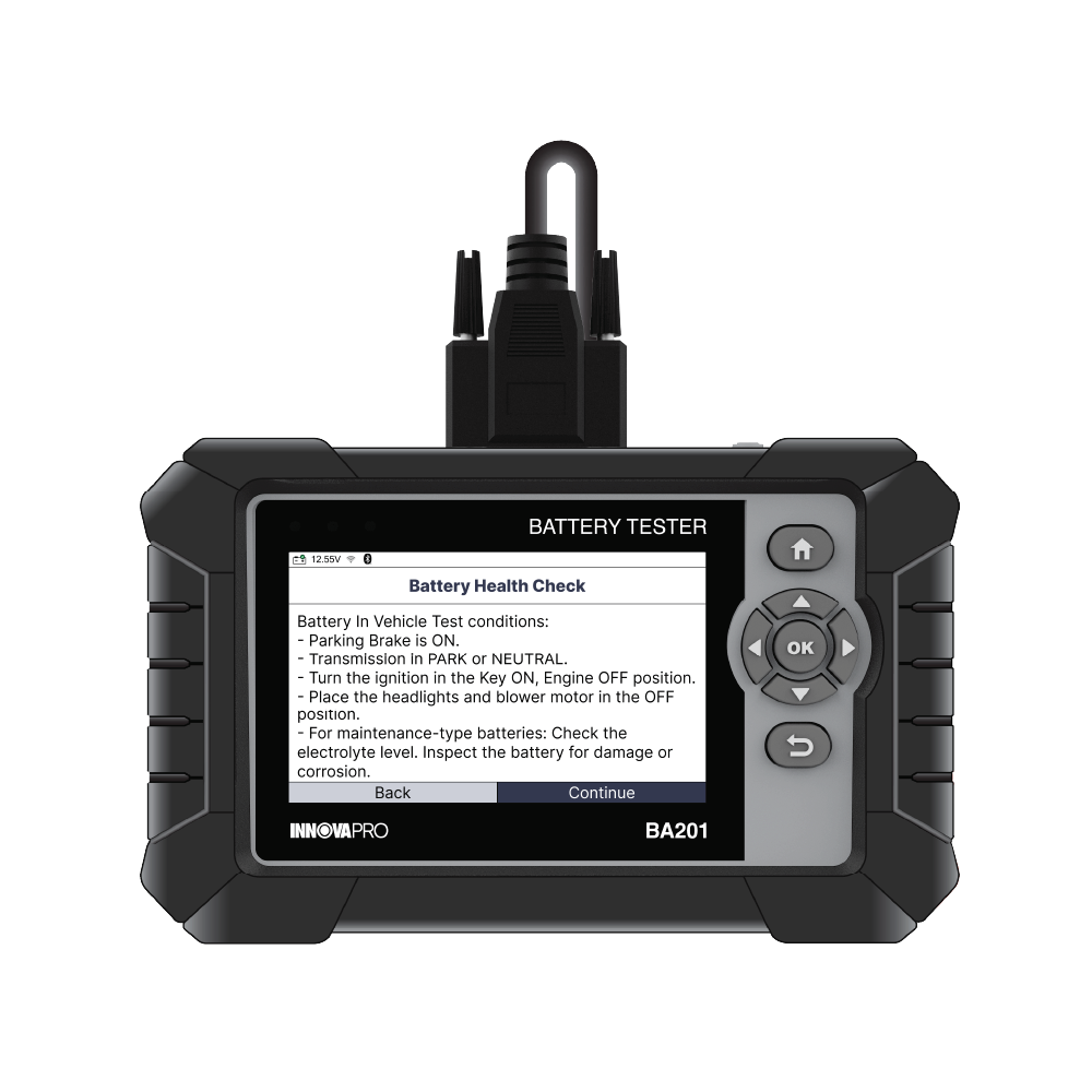 INNOVAPRO BA201 professional battery tester tablet showing the main menu screen with diagnostic options