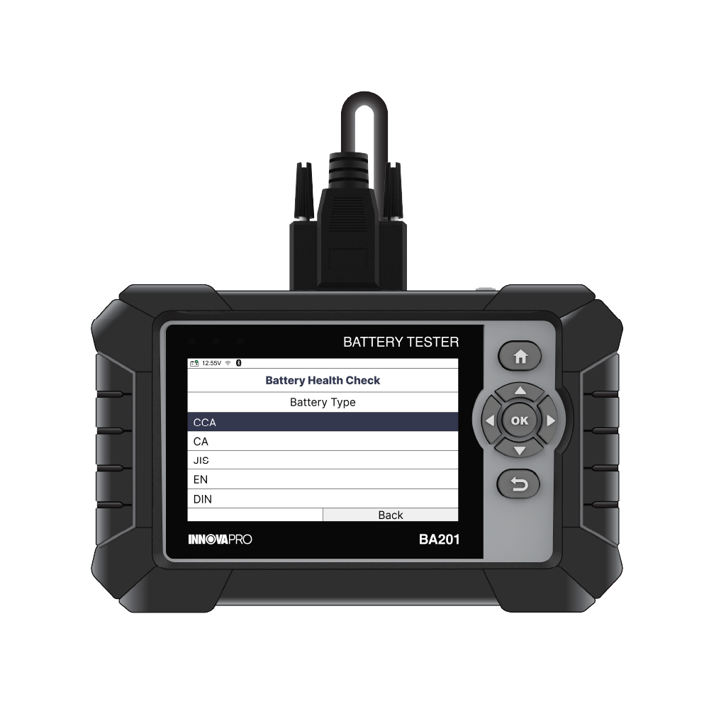 BA201 battery tester tablet screen showing battery type selection options including Regular Flooded, AGM Flat Plate, and Gel