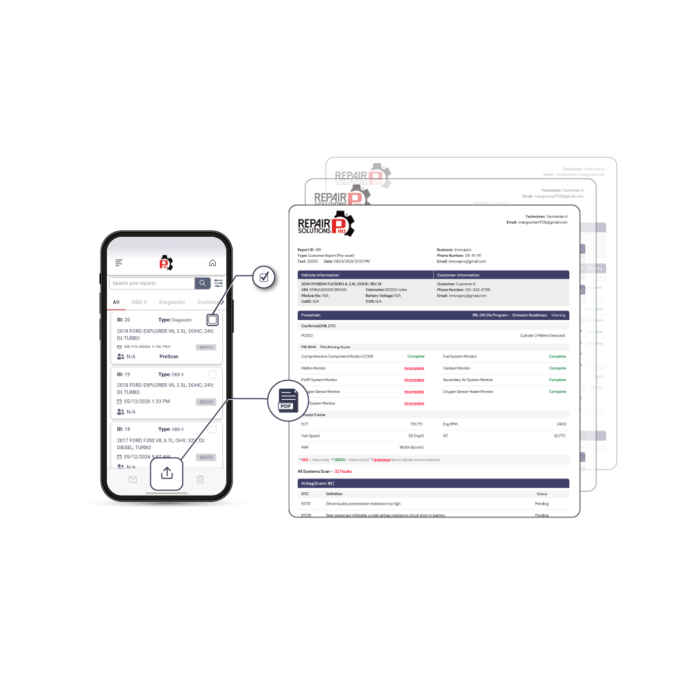 RepairSolutionsPRO mobile app diagnostic report screen for SDS10 showing code definition and repair recommendation