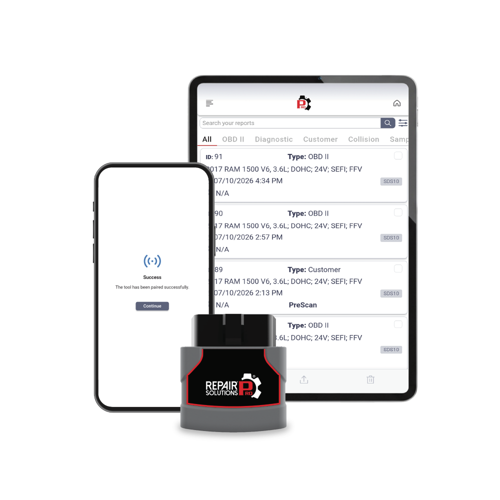 INNOVAPRO SDS10 Bluetooth OBD2 scanner dongle displaying OEM diagnostic scan and active tests on RepairSolutionsPRO app