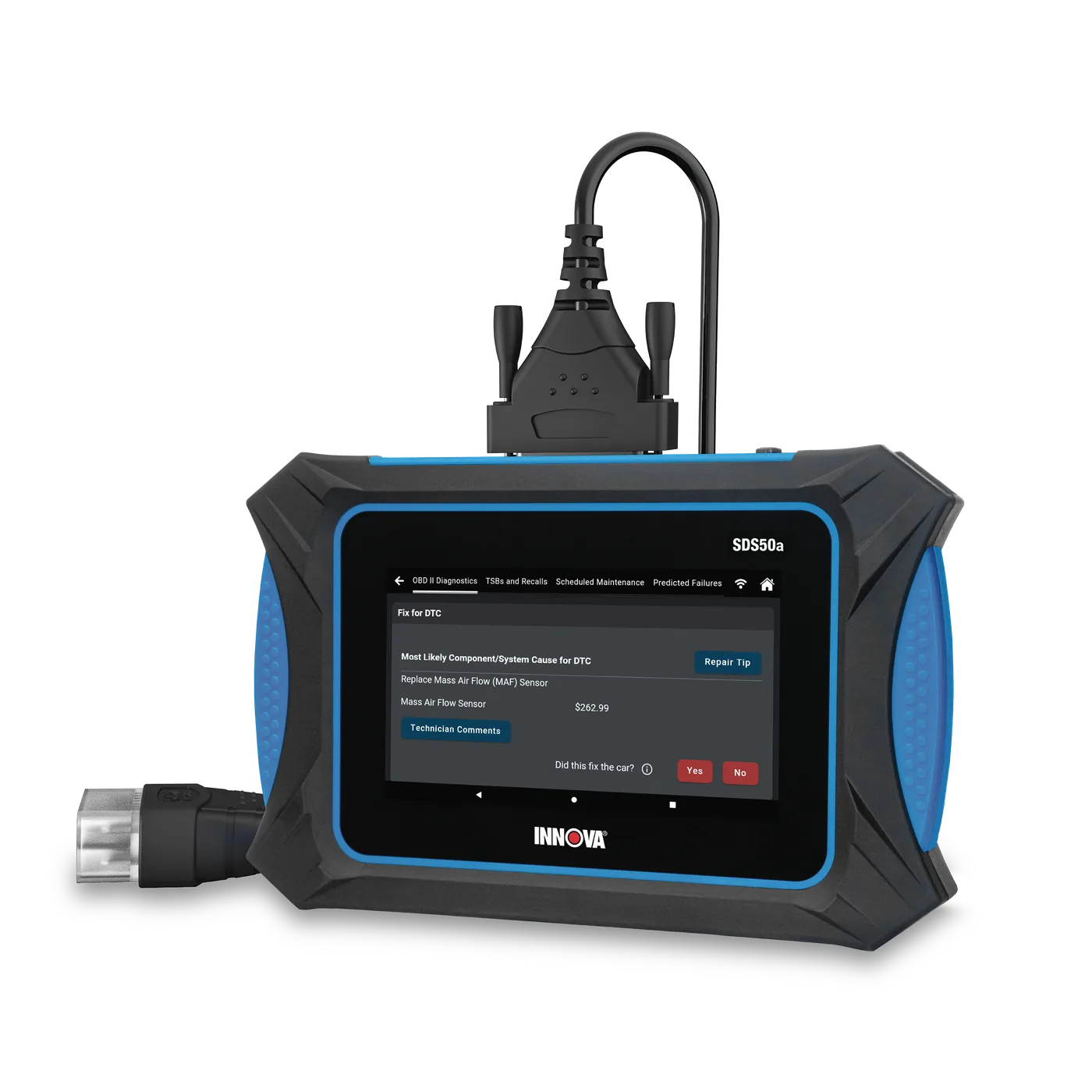 Front view of INNOVAPRO SDS50 smart diagnostic system tablet scanner with connected OBD2 diagnostic cable