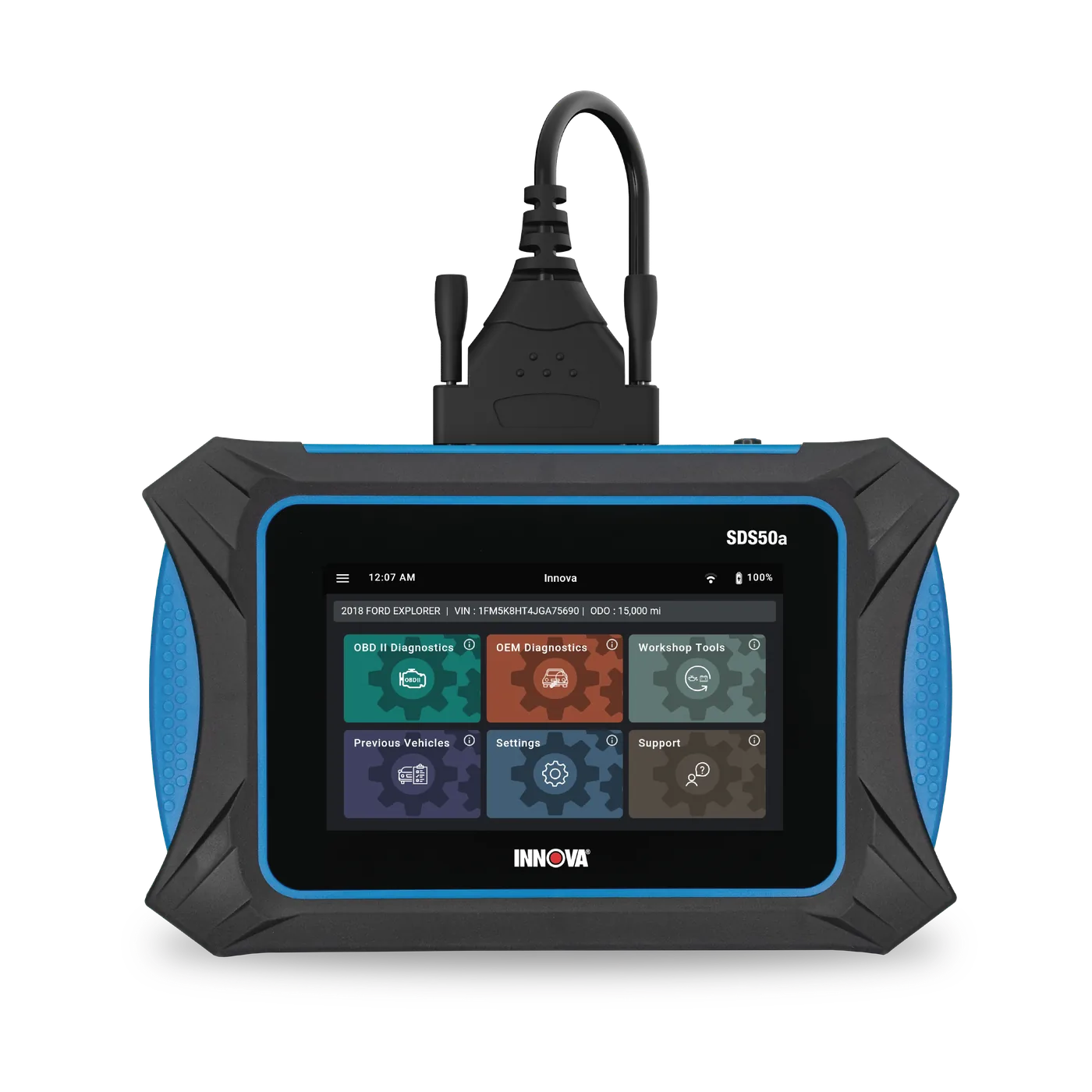 INNOVAPRO SDS50 smart diagnostic system tablet displaying the color-coded main dashboard menu